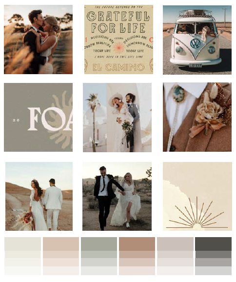 Desert Dweller Moodboard. A moodboard made of nine images all with light neutral colors, wedding images, and typeface examples. Moodboards are comprised of various visual elements that show a brand's aesthetic.