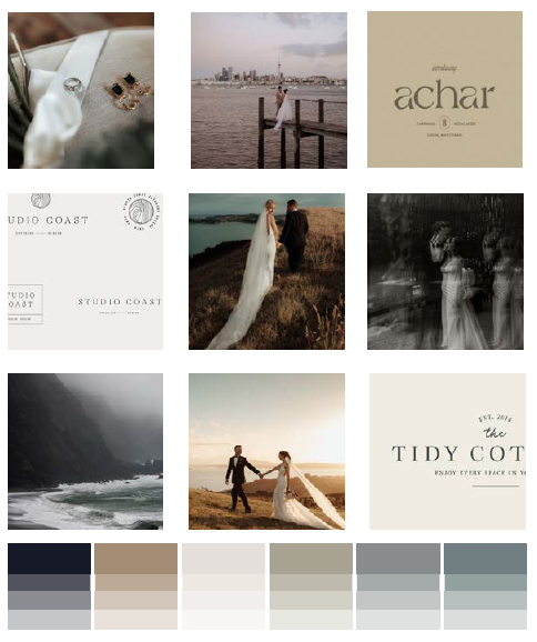 Coastal Romance Moodboard. A moodboard made of nine images all with light neutral colors, wedding images, and typeface examples. Moodboards are comprised of various visual elements that show a brand's aesthetic.