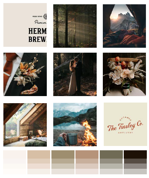 Moody Explorer Moodboard. A moodboard made of nine images all with dark moody colors, wedding images, and typeface examples. Moodboards are comprised of various visual elements that show a brand's aesthetic.