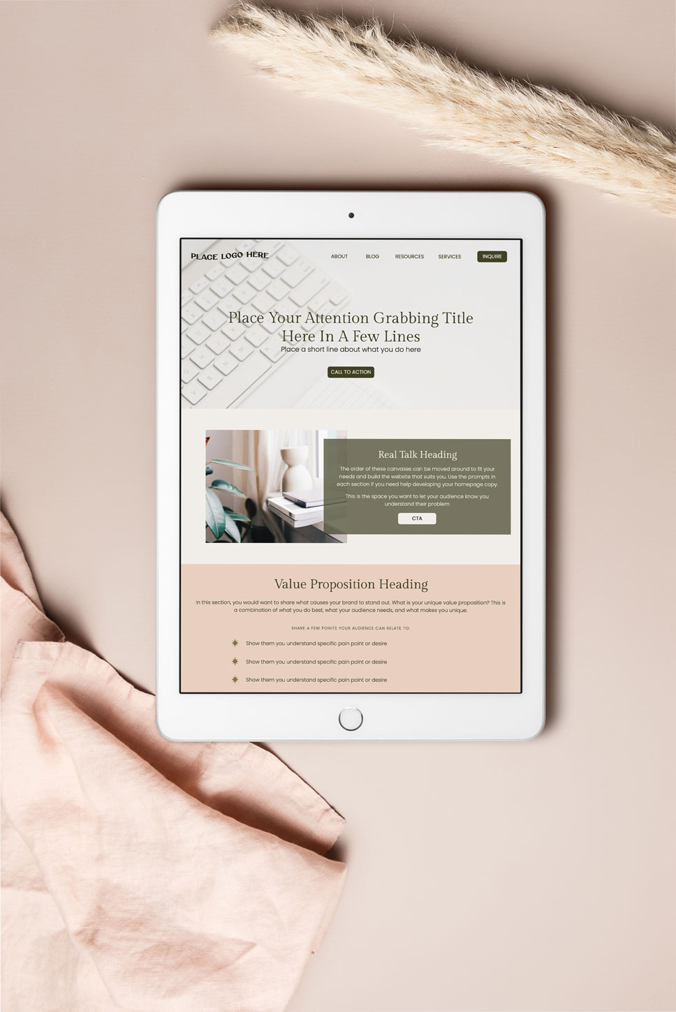 Showit Homepage Template in an iPad mock-up designed by Kin & Co. Design Studio