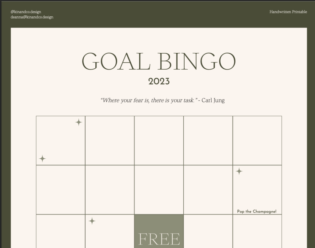 Goal setting bingo card